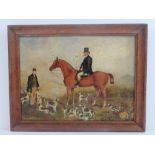 Oil on panel; a mounted gentleman on chestnut horse, hounds around, huntsman with hare etc,