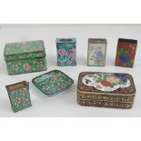 Seven assorted cloisonné items including; pin trays, vesta cases and lidded boxes.