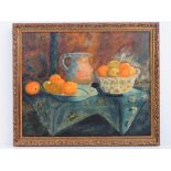 Oil on canvas; still life study of fruit bowl and jug, unsigned, 44 x 54cm.