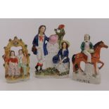 Staffordshire flatbacks; three assorted figurines including 'prince' and London 30 miles spill vase,