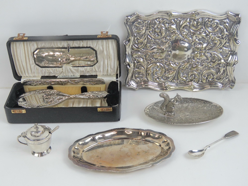 A quantity of assorted silver plated items including brush and comb in box, three trays,
