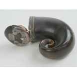 A late 18th/early 19th century horn snuff mull having silver hinge and fittings,