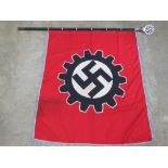 A WWII German flag and flagpole with a Swastika Rad logo, flagpole marked RZN60.