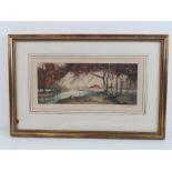 Print; Autumnal riverside scene, buildin