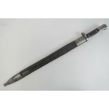 A bayonet of unknown origin having leather scabbard (a/f) with white metal fittings,