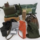 A selection of military items including; M56 magazine pouch, ration pack, balaclava, sling,
