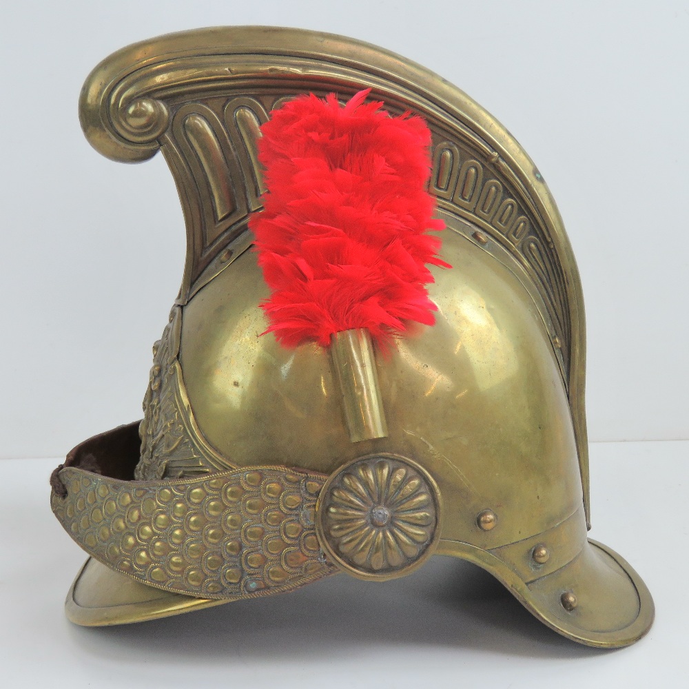 A French 19th century fireman's helmet in brass having red plume upon. - Image 6 of 6