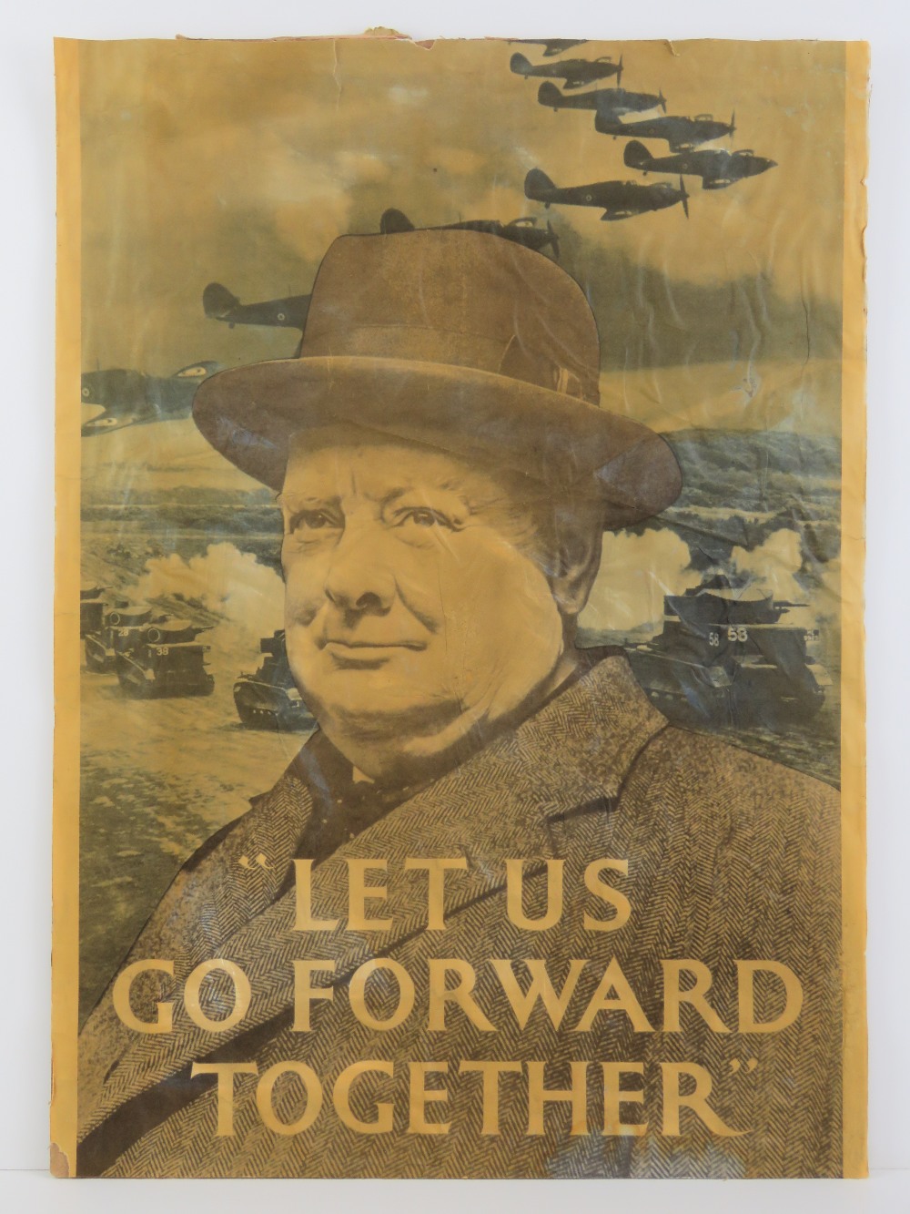 A vintage sepiarised propaganda poster featuring Winston Churchill 2Let us go forward together",