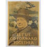 A vintage sepiarised propaganda poster featuring Winston Churchill 2Let us go forward together",