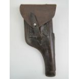 An early leather Mauser C96 holster, with Russian writing on the inside flap.