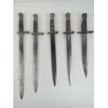 Five assorted bayonets without scabbards, one Ross, two Longlee, two Argentinian Mauser.