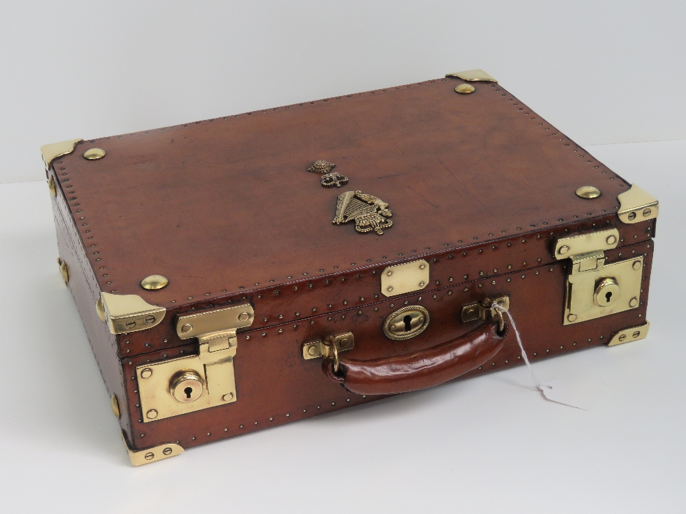 A fine leather covered dispatch box bearing insignia for the Ulster Defence Regiment and having - Image 3 of 4