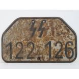 A WWII German SS number plate, 32.5cm wide.