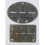 Two WWII German dog tags, one marked A883 L. Mula Kittlitztreben.