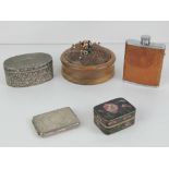 A vintage turned mahogany pin cushion, together with a plated leather covered miniature hip flask,