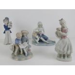 Four unmarked Lladro type figurines, 14-18cm, one a/f.