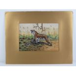 Stuart Suidgen, early 20th century; a pair of wildlife gouaches being a leopard at a water hole,