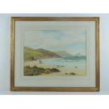 Watercolour; coastal and beach scene, figures on beach, headlands and boats beyond etc,