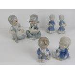 Six (four + two) unmarked Lladro type figurines of children, 8-13cm high.