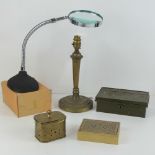 A heavy brass single table lamp for re-wiring, together with a brass trinket pot,