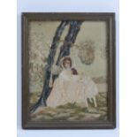 A 19th century silk work depicting young lady with dog, flora and fauna around etc, 25cm x 20cm,