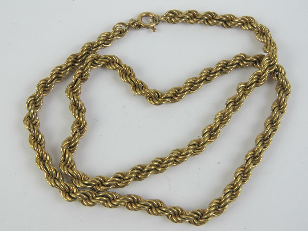 A 9ct gold rope chain necklace, hallmarked 375, measuring 46cm in length, 14.1g.