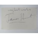 An original James Hunt autograph on paper 'Very best wishes James Hunt' hand written in biro,