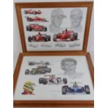 Prints; Tribute to Ferrari and Tribute to Ayrton Senna each by Stewart McIntyre, each 42 x 58cm.