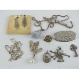 A small quantity of assorted silver and costume jewellery including; marcasite earrings,
