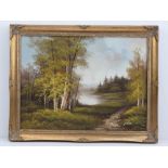 Oil on canvas; path through forest, lake beyond, signed lower right (indistict), 39.