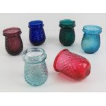 Six assorted coloured hanging glass garden or Christmas tree fairy lights with patterned exterior,