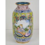 A Chinese Canton enamel on brass vase having European scenes upon a yellow ground with further