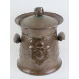 Arts and Crafts: a beaten (planished) copper cylindrical coal / log bin with lid,