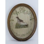 A Georgian needlework oval panel depicting a feathered game bird having real feathers upon,