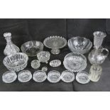 A quantity of assorted vintage pressed glassware including bowls, decanter, celery jar, etc.