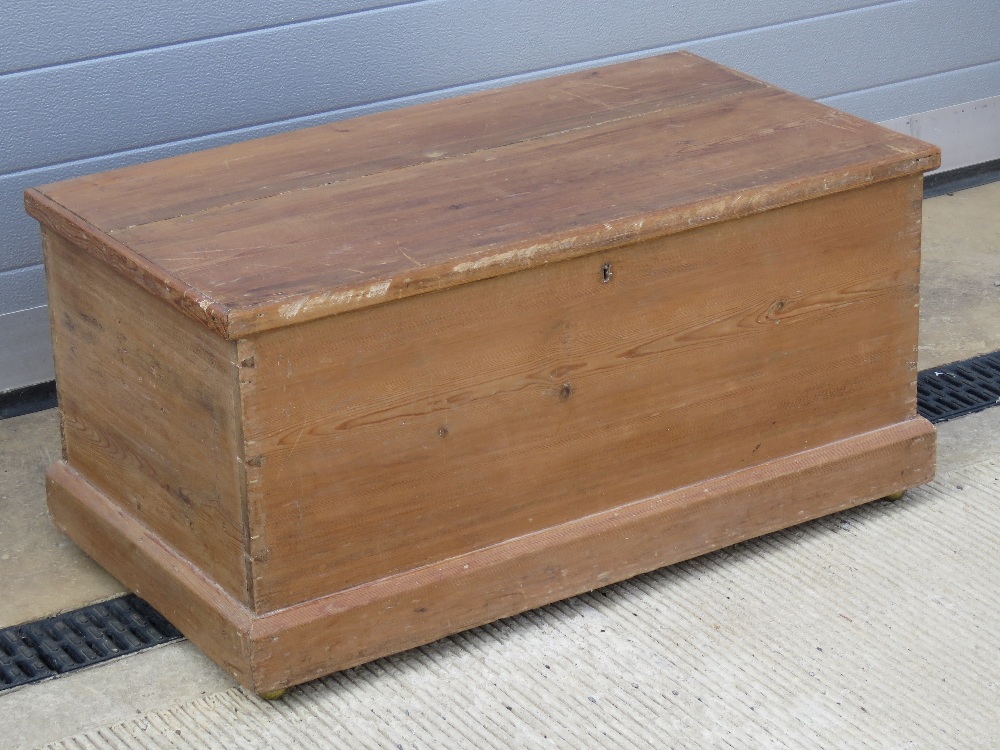 A late 19th century pine lidded trunk, 86cm wide.