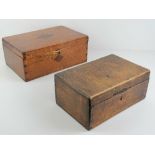 Two vintage lidded work boxes, on in oak 25cm wide, one in pine 31cm wide. a/f.