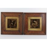 A pair of Sherwins Patent lock back framed tiles, each depicting a monochrome dog upon,