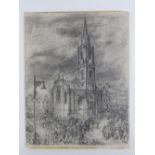 A fine pencil study of Tron Kirk Church, Royal Mile Edinburgh, at New Years Eve, clock at midnight,