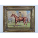 Oil on board; rider and horse, signed lower left F Stevens, 30 x 40cm.