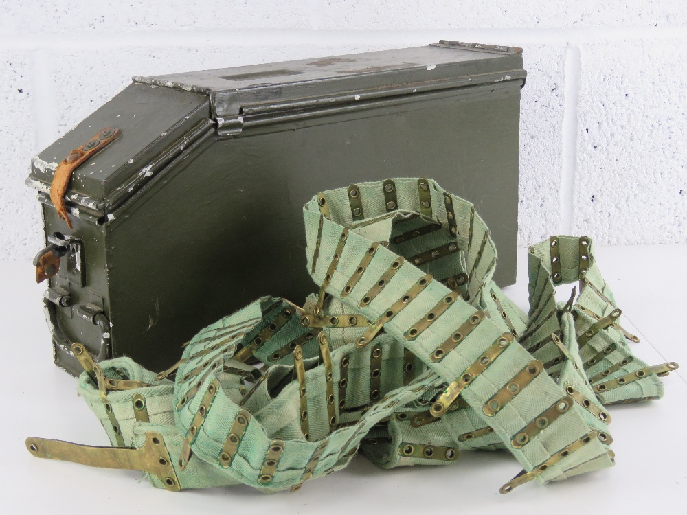 A WWII British Vickers machine gun 250 round ammo tin with belt.