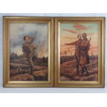 A pair of oil on cloth on board paintings of soldiers entitled 'When night sets in the sun is down'