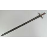 A sword having wooden grip with leather covered pommel and 89cm blade.