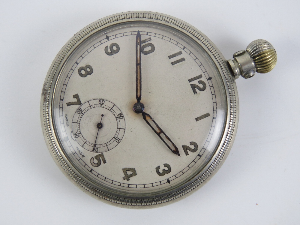 A WWII British pocket watch marked 'GS/TP 056634' with broad arrow upon,