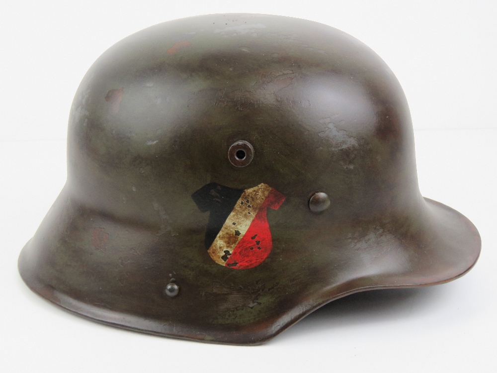 A WWI German M16 helmet with liner having later transitional Hitler Youth leaders decals upon. - Image 2 of 7