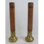 Two original brass and oak beer pump han