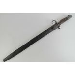 A WWI British SMLE 1907 pattern hook quillion bayonet with 43cm blade and leather scabbard.
