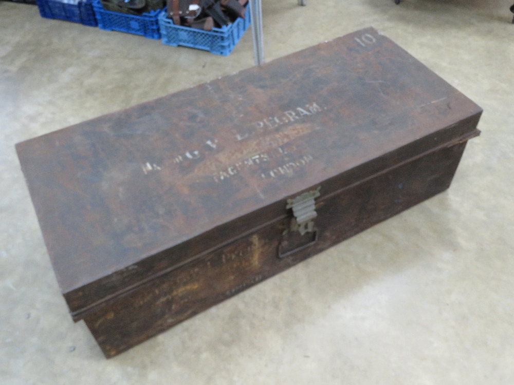 A WWII British Officer's footlocker chest with stencilling 'C/O Cox & Kings London'.