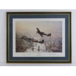 Print; a spitfire Vb and a Hurricane lle of the RAF make a flypast over London in a Victory salute.