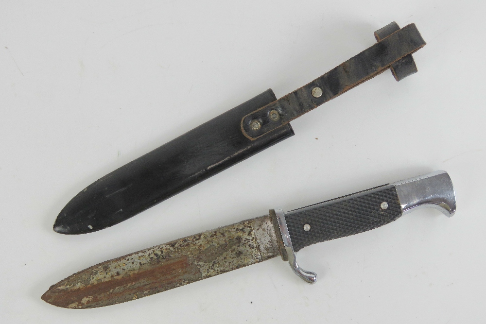 A Hitler Youth knife with scabbard, having engraving to the blade. - Image 2 of 5